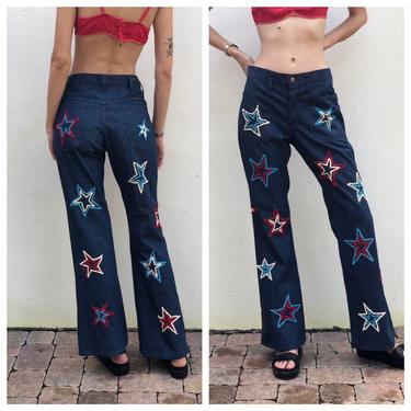 1960's Wrangler Denim / Red White and Blue Star Print Embroidery / Rare Collectible Glam Rock Jeans / Stagewear / Rock n Roll Hippie Denim 