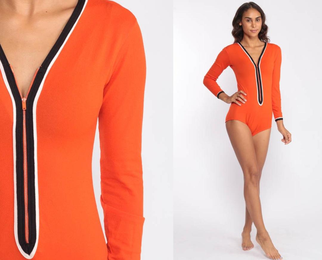 1980S Orange Terry Cloth Deep V Swimsuit Bodysuit