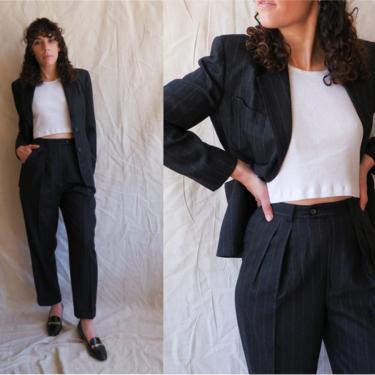 Vintage Charcoal Ralph Lauren Pinstripe Pant Suit/ 1990s Grey Blazer and Trousers Set/ Size Small 