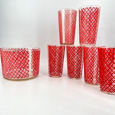 Vintage Red Crosshatch Glasses & Bowl 