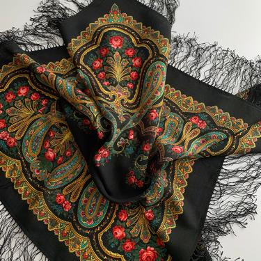 Vintage Paisley Scarf in Black with Vivid Colors - All Wool - 35-1/2 Inches x  35-1/2 Inches Plus 4 Inches of Fringe 