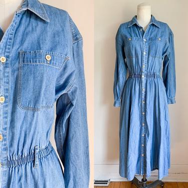 Vintage 1980s Long Sleeved Denim Dress / M/L 