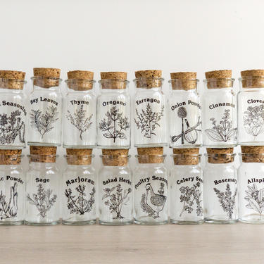 Vintage Wheaton Glass Spice Jars with Cork Tops | Sold in Sets | Clear Glass Spice Bottles with Black Typography and Herb Illustrations 