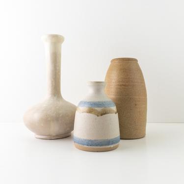 Vintage Pottery Vases, Sold Separately, Cream Gray Long Neck Bulbous Vase, Mustard Yellow Stoneware Pot, Small Ceramic Bud Vase 