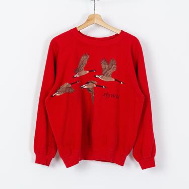 90s &amp;quot;Fly Wild&amp;quot; Canadian Goose Sweatshirt - Men's Large Short | Vintage Nature Print Red Graphic Animal Pullover 