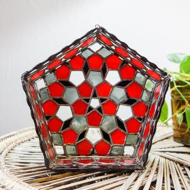 Unique black &amp; red stained glass pentagram altar stand 10x10x4&amp;quot; light fixture, vintage occult witchcraft goth home decor display stand 