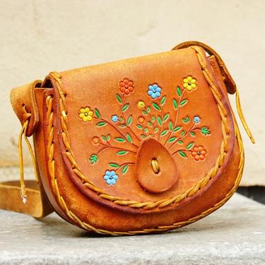 Vintage 70's Tooled Leather Shoulder Bag With Colorful Flower Design, Hand Made/Hand Painted Woven Leather Purse W/ Long Tan Leather Strap 