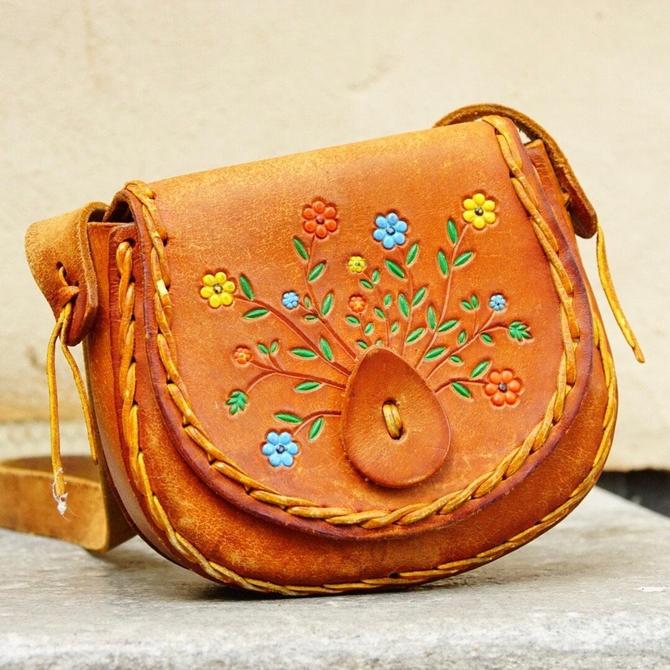 70s ROSE EMBOSSED HANDBAG Vintage Floral Leaf Leather Bag 