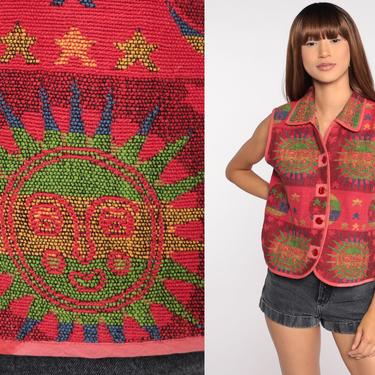Celestial Tapestry Vest Sun Moon Vest 1990s Red Boho Shirt Sleeveless Top 90s Hippie Bohemian Vintage Festival Galaxy Star Small S 