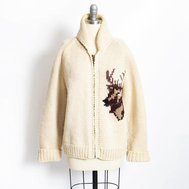 Vintage 1960s White Knit Deer Zip Up Sweater