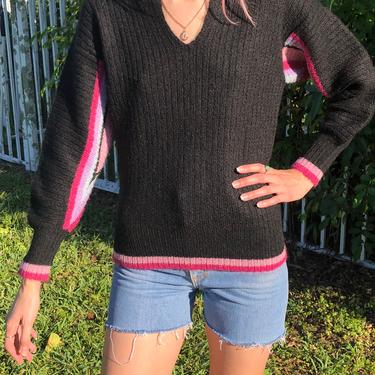 The Softest Vintage Sweater / Pink Stripe Charcoal Black Sweater / Puffy Sleeves / Slouchy Sweater 