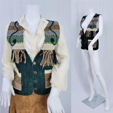 Volup 1980's Green Suede Woven Textile Fringe Vest I Sz Lrg I Jane Ashley 