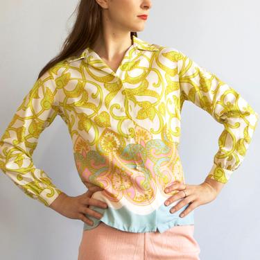 60s mid century lime green paisley blouse / S XS 