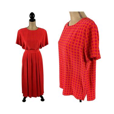 90s Orange Fuchsia Top & Skirt Set, Vintage 2 Piece Dress, Short Sleeve Silk Maxi Skirt and Blouse, 1990s Clothes Women Large, Liz Claiborne 
