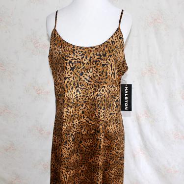 Vintage 90s Halston Slip Dress, 1990s Deadstock Dress, Leopard Dress, Satin Dress, Animal Print, Maxi, Spaghetti Strap, NEW NWT 