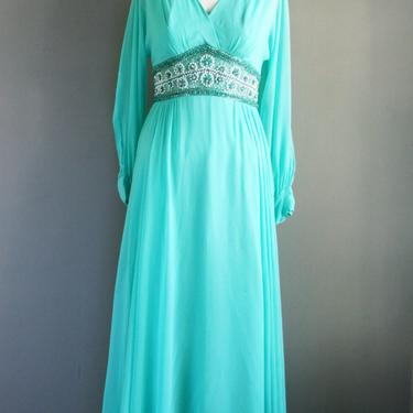 1970s Silk Chiffon Gown- Aqua Blue Maxi- Hostess Dress- Size Medium 6/8 
