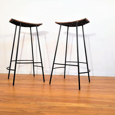Mid Century Pair of Wrought Iron and Rattan Bar Stools 
