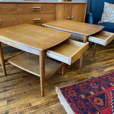 Pair of Conant Ball Maple End Tables w\/single drawer