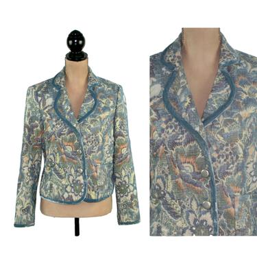 Y2K Floral Blazer Women Medium, Blue Tapestry Jacket with Velvet Piping, Spring Clothes Women, Vintage Clothing 2000s from Talbots Size 8 