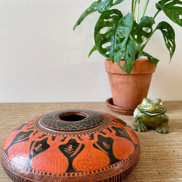 Vintage Vase - Round Tribal Vase - Orange and Black Decor - Boho Decor - Costa Rica - Hand Made Vase 