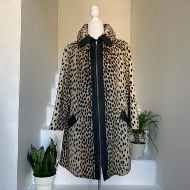 1960s Faux Cheetah Print Car Coat With Leather Trim 40 Bust Vintage 