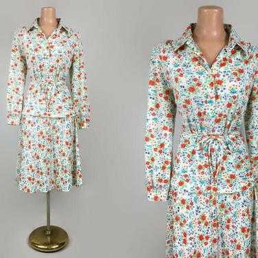 Vintage 70s Poppy Print Belted Tunic Blouse and Skirt Set | 1970s 2 Piece Dress Suit Outfit | Brownstone Studio NY, The Wilroy Traveller NY 