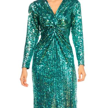 1980S Teal Sequined Poly/Viscose Jersey Low Cut  Long Sleeved Cocktail Dress 