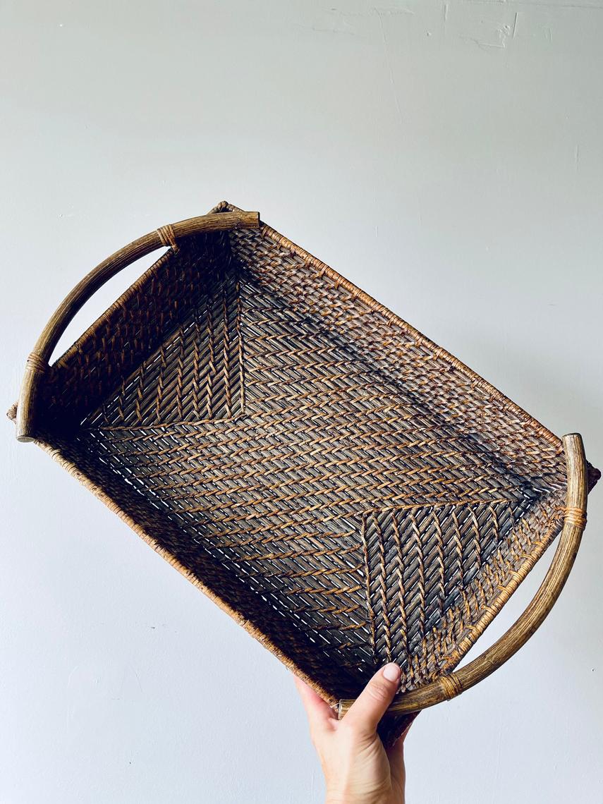 Large Rectangular Basket Tray with Handles Woven Serving Tray Wood