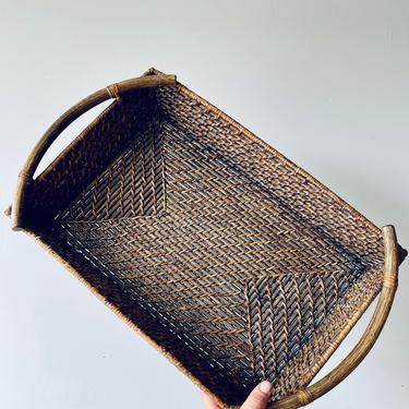 Large Rectangular Basket Tray with Handles | Woven Serving Tray | Wood Handles | Boho | Coffee Table Tray | Entryway Table 