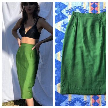 1960's Secretary Skirt / Mod Green  Skirt / Designer Work Wear / Sportswear / Smart Set / Workwear / Kelly Green Satin Lined Midi Skirt 
