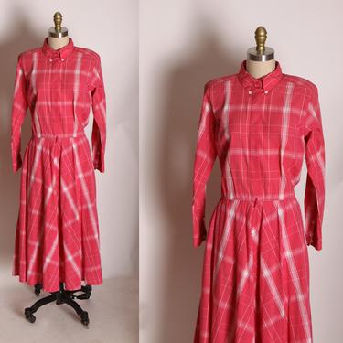 1980s Pink Raspberry and White Plaid Long Sleeve Button Up Shirtwaist Dress -L 