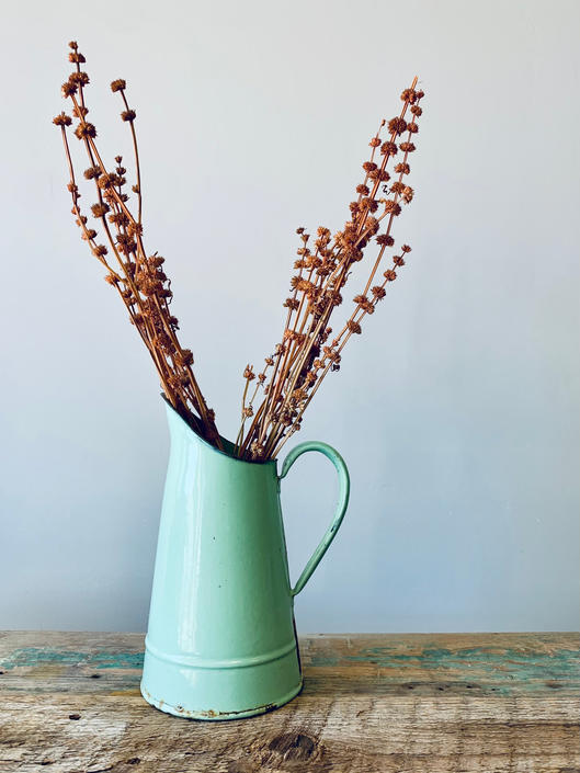 Antique Turquoise Enamel Pitcher, French Enamel Pitcher