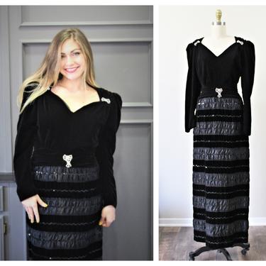 Vintage 1980s Claralura California black velvet tiered sequin column fancy evening Maxi Dress  / modern Medium Large US 10 12 