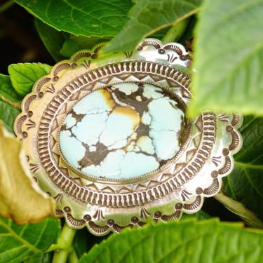 Vintage HUGE Navajo Turquoise & Silver Belt Buckle, Signed H. MTZ Sterling, Large Speckled Turquoise Stone, Scalloped Silver Frame, 3 1/2&quot; W 
