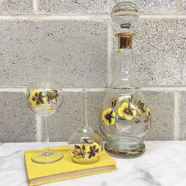 Vintage Decanter Set Retro 1960s Mid Century Modern + Hand Painted + Butterfly and Pansy Flowers + Set of 2 Stemmed Glasses + Bar Decor 