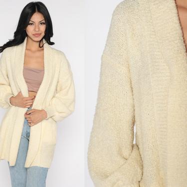 Cream Cardigan Wrap Sweater Long 80s Bohemian Sweater Boho Vintage 1980s Cozy Drape Pocket Slouch Oversize Chunky Medium Large 