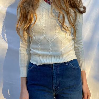 70s Cream Sweater / School Girl Winter Top / Lacoste Cable Knit Top / V Neck Seventies Sweater 