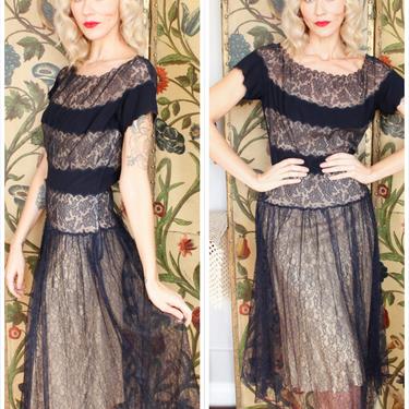 1940s Dress // Silk & Lace Sapphire Dress // vintage 40s dress 