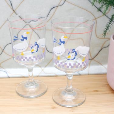 Vintage 1980s Glorious Goose Goblets - Clear Glass Drinking Glasses w/ Geese - Set/2 