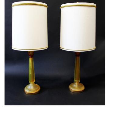 Mid Century Modern Seguso for Marbro Pair of Amber Glass Lamps Original Shades 