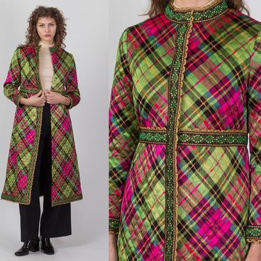 60s 70s Quilted Plaid Satin Coat - Small to Medium | Boho Snap Up Long Jacket 