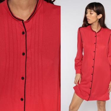 Red Mini Dress 80s Plain Button Up Dress Wool Blend Shirtdress Vintage Long sleeve Shirtdress Shift Dress Casual Shirt Basic Medium 