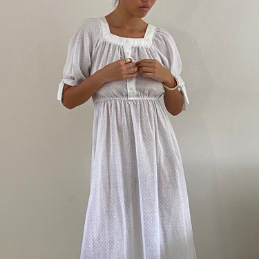 70s sheer cotton voile dress / vintage white cotton puffed sleeve square neck sheer gauzy Swiss dot maxi sun dress | S 