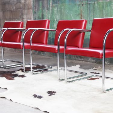 SET of Four Mid Century Modern Thonet Mies Van Der Rohe Brno Red + Chrome Cantilever Dining / Side / Accent Chairs 