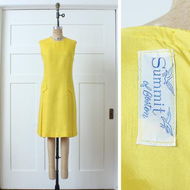 vintage 1960s sunshine yellow shift dress • textured nubby linen like dress • sleeveless mod summer dress 