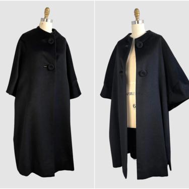 MADELEINE CASALINO Paris Vintage 50s Black Swing Coat | 1950s Joseph Magnin Tent Coat | 60s 1960s Mid Century, Made in France | Size Medium 