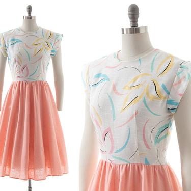 Vintage 1980s Dress | 80s Pastel Floral Print Color Block Cotton Full Skirt Skater Day Dress (small/medium) 