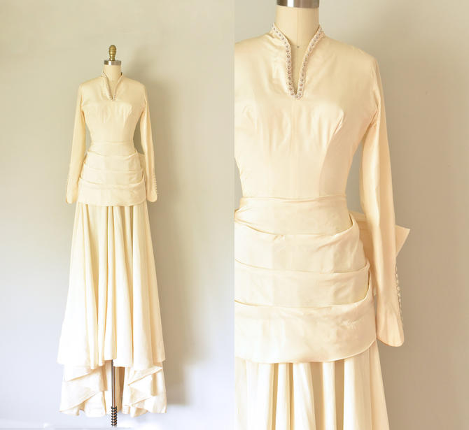 Onasis Silk Taffeta Wedding Dress 1940s Wedding Gown Long Sleeve