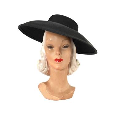 1950's Wide Brim Black Straw Cartwheel Hat - 1950s Wide Brim Platter Hat - 1950s Black Straw Sun Hat - 1950s New Look Hat - 50s Black Hat 