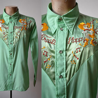 Vintage Pearl Snap Western Shirt / Vintage Embroidered Western Shirt / Western Snap Up / Happy Trails Embroidery / Nudie Inspired Shirt 